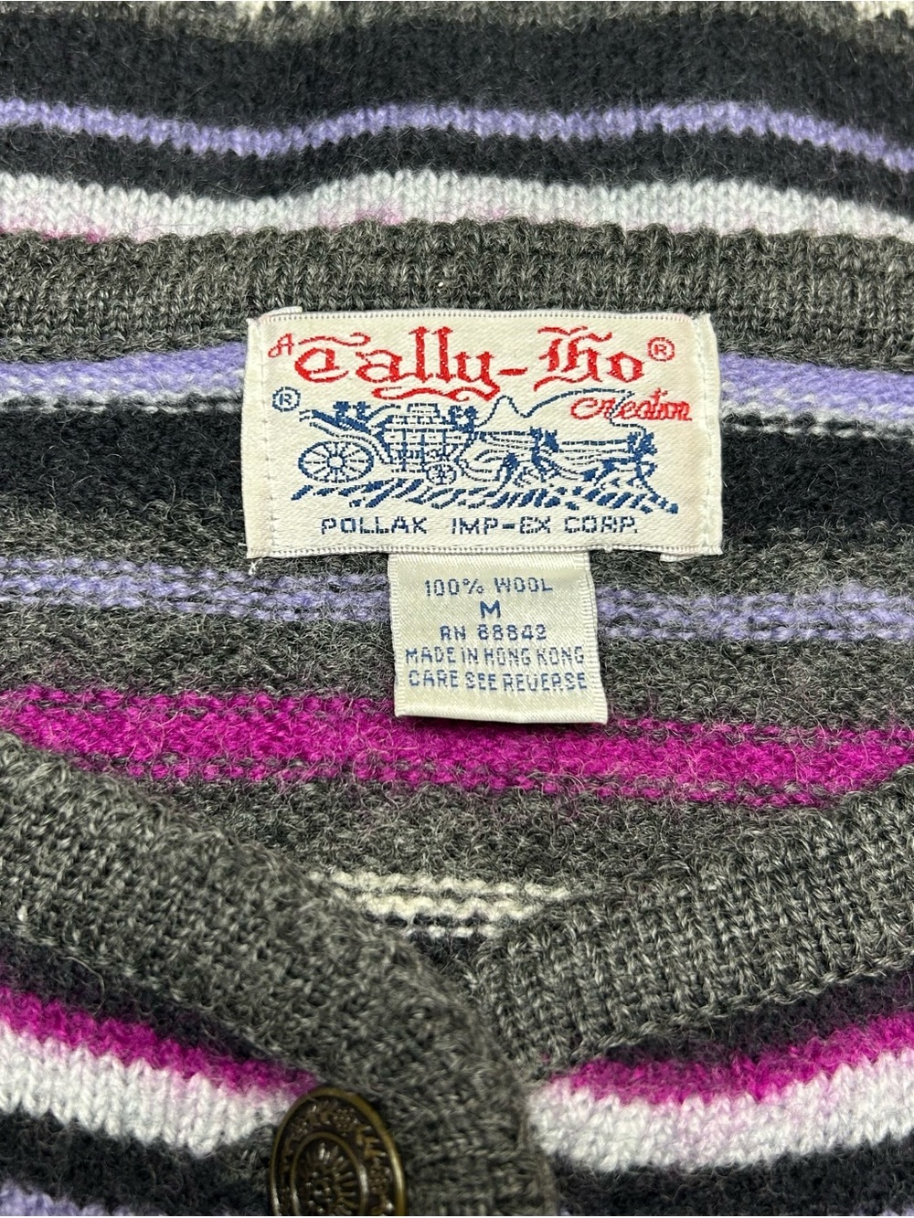 Vintage Tally Ho 100% Wool Striped Cardigan Brass Buttons Size M - Picture 3 of 6